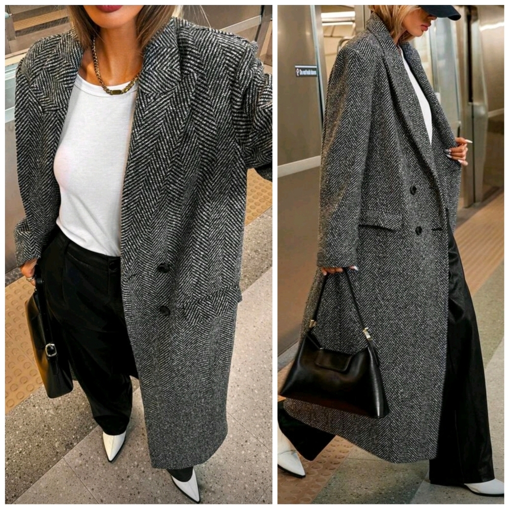 New Chic Oversized Herringbone Tweed Long Maxi Jacket Coat Gray